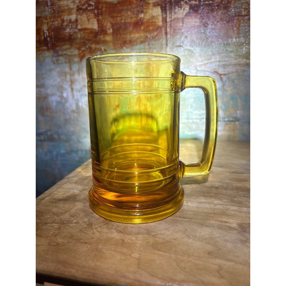 Vintage Amber Glass Beer Mug Tankard Retro Banded Yellow Glassware 5 Inch
